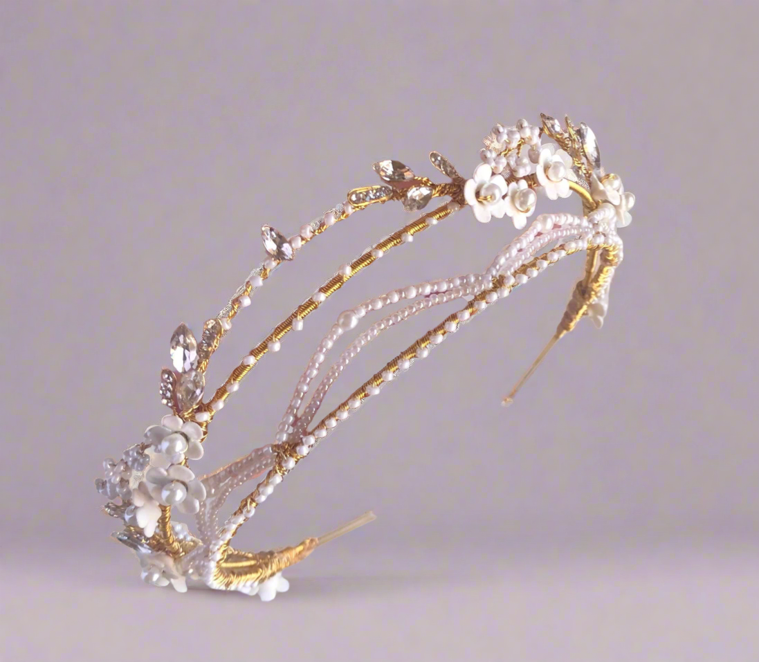 Delicate Gold Pearl Crown with Crystals and Clay Flowers | Wedding Bridal Crown | First Communion Tiara