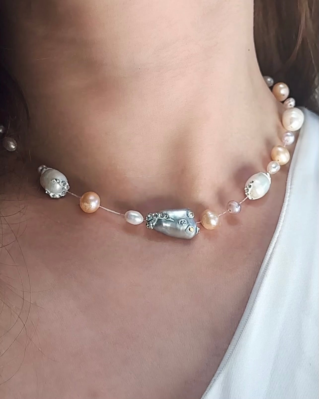 VICTORIA Floating Pearl Necklace Embellished with Swarovski crystals