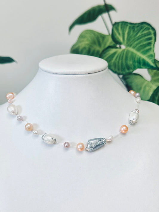 VICTORIA Floating Pearl Necklace Embellished with Swarovski crystals