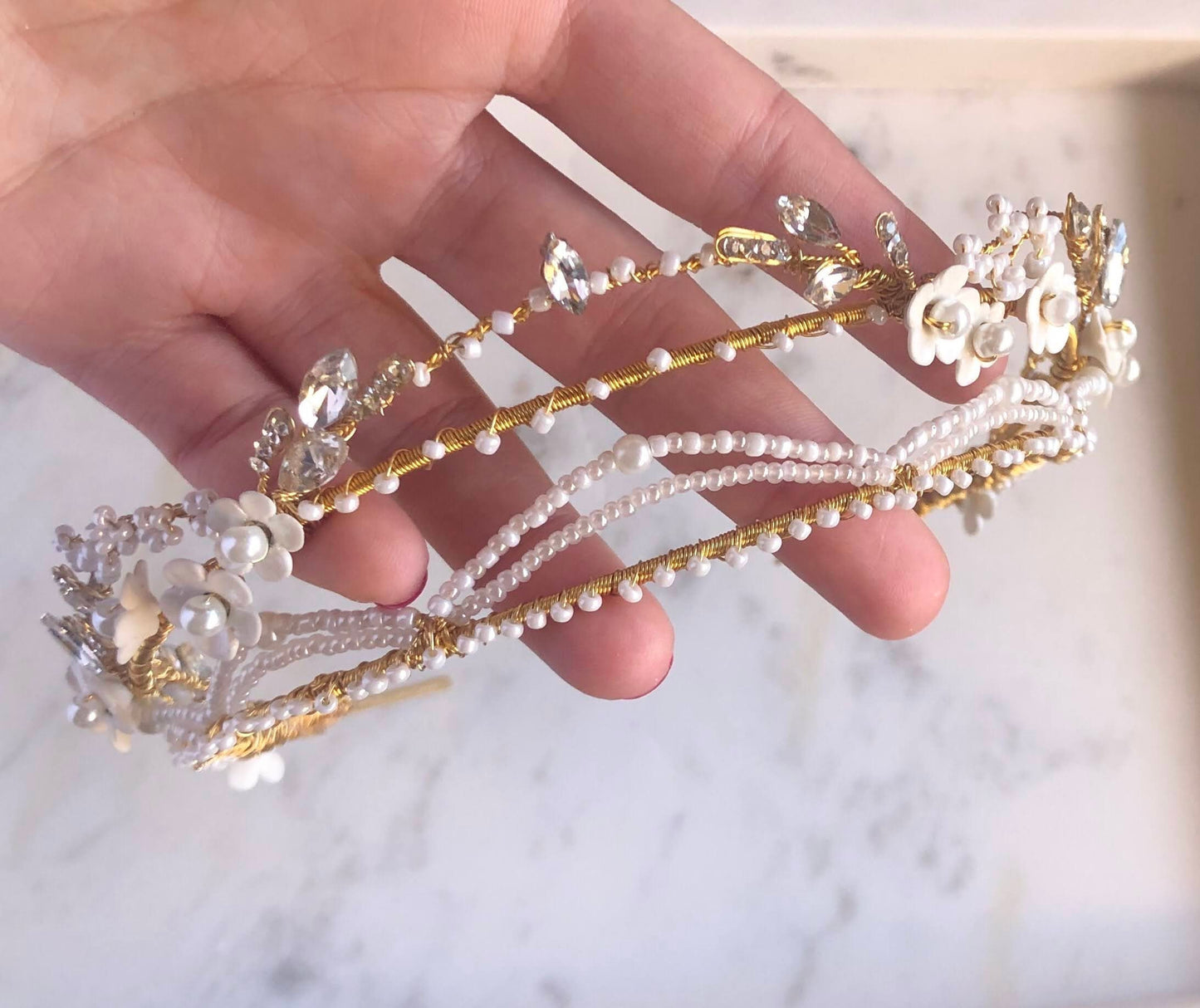 Delicate Gold Pearl Crown with Crystals and Clay Flowers | Wedding Bridal Crown | First Communion Tiara