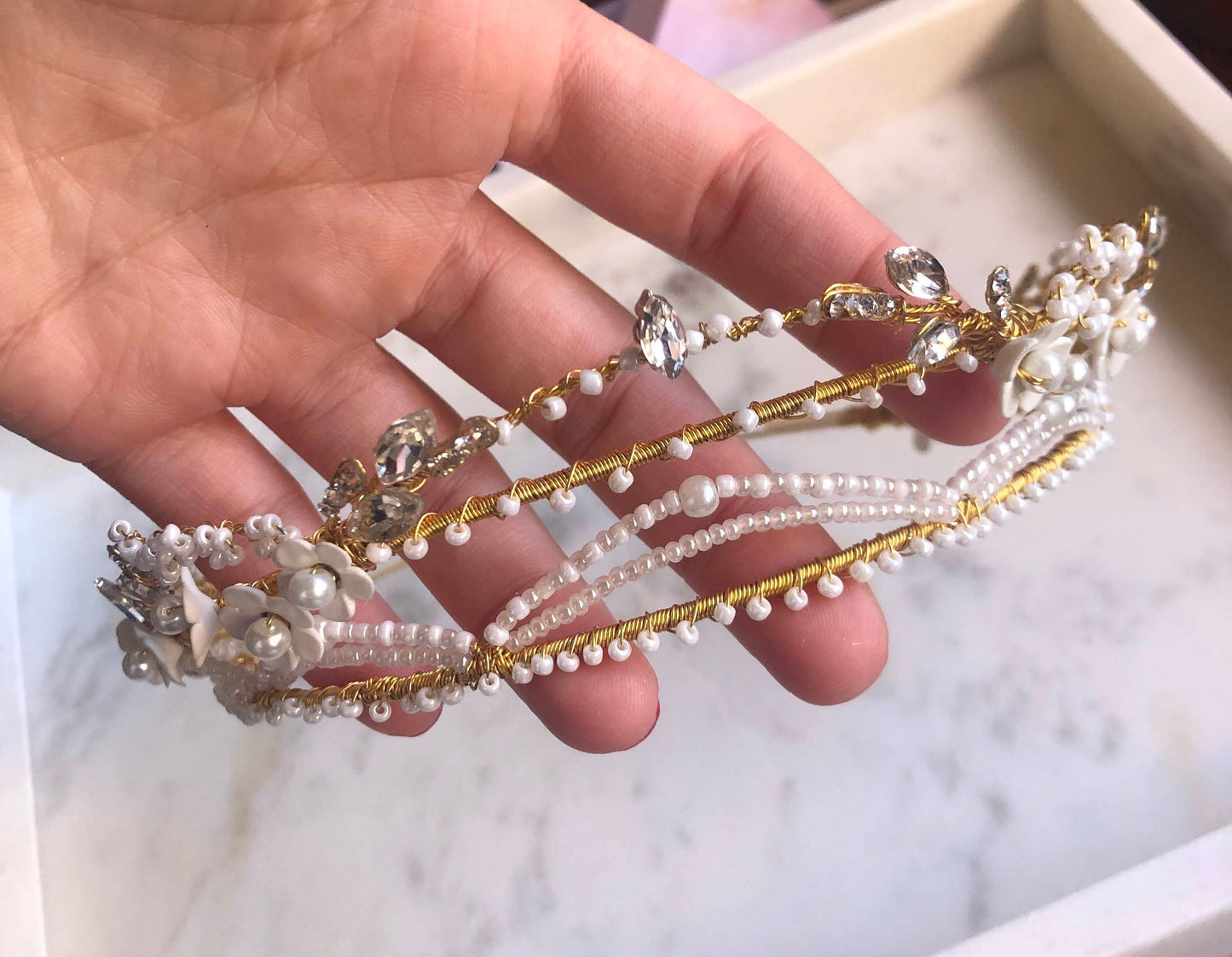 Delicate Gold Pearl Crown with Crystals and Clay Flowers | Wedding Bridal Crown | First Communion Tiara