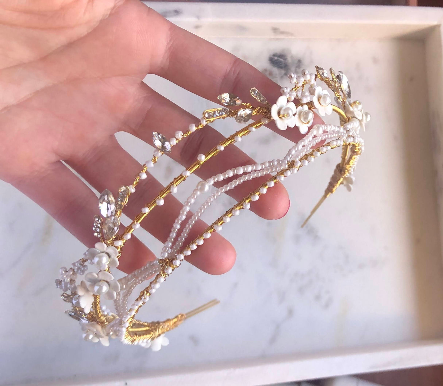 Delicate Gold Pearl Crown with Crystals and Clay Flowers | Wedding Bridal Crown | First Communion Tiara