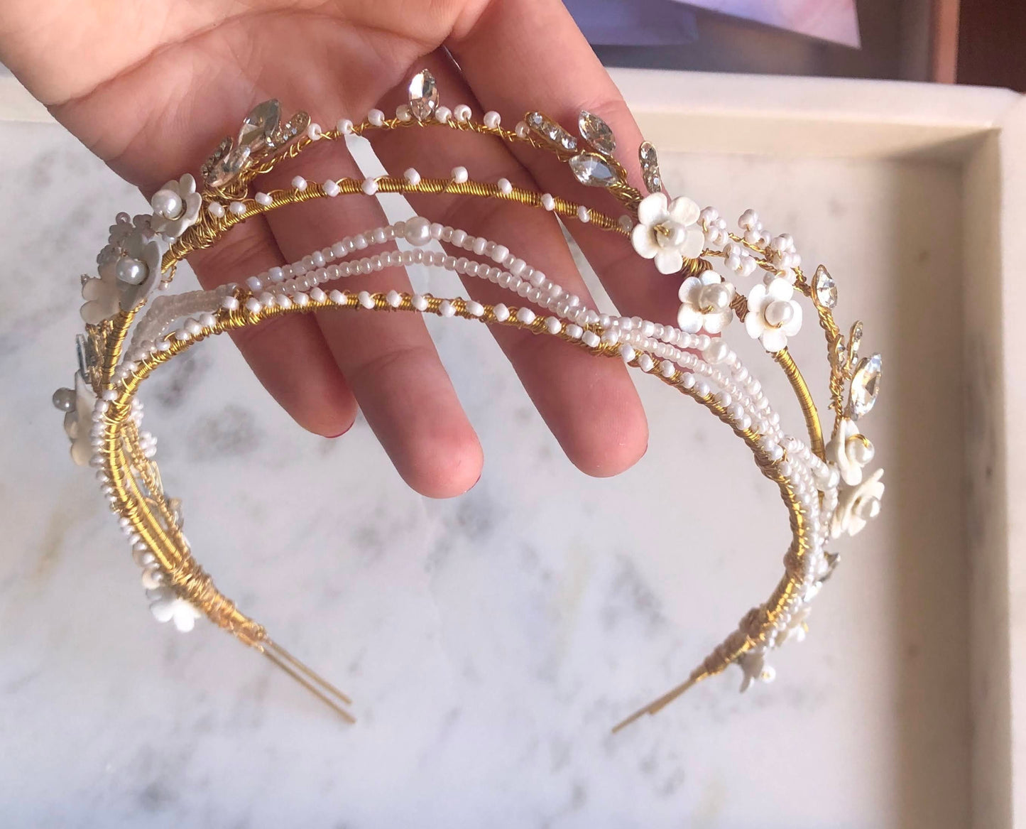 Delicate Gold Pearl Crown with Crystals and Clay Flowers | Wedding Bridal Crown | First Communion Tiara